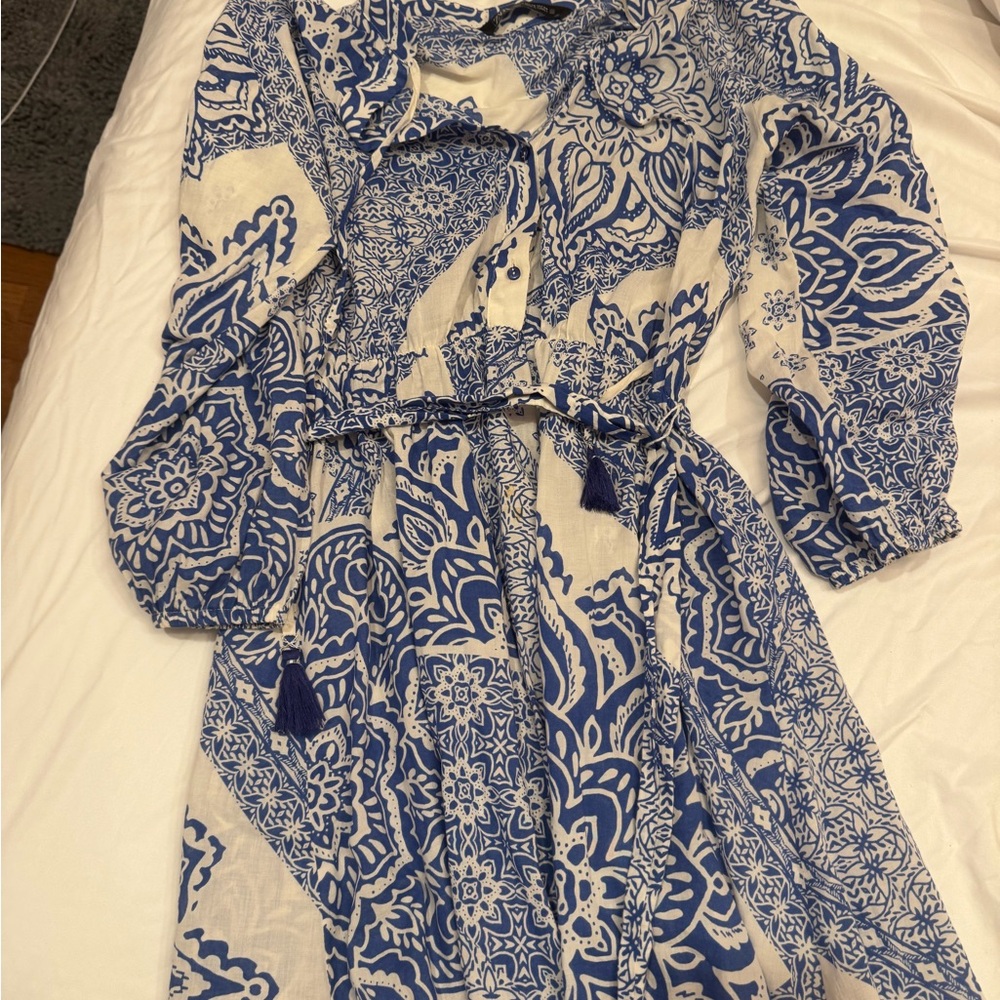 Blue and White Patterned Zara Dress